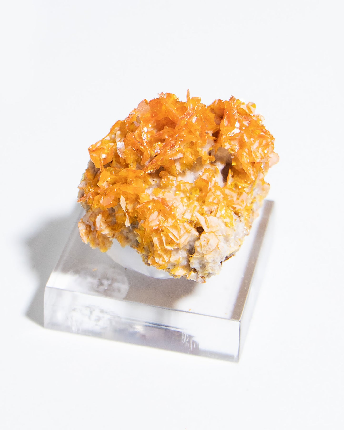 伊朗鉬鉛礦共生雪白方解石,視覺效果十分搶眼Iranian wulfenite crystals on snow-white calcite matrix showing strong visual contrast