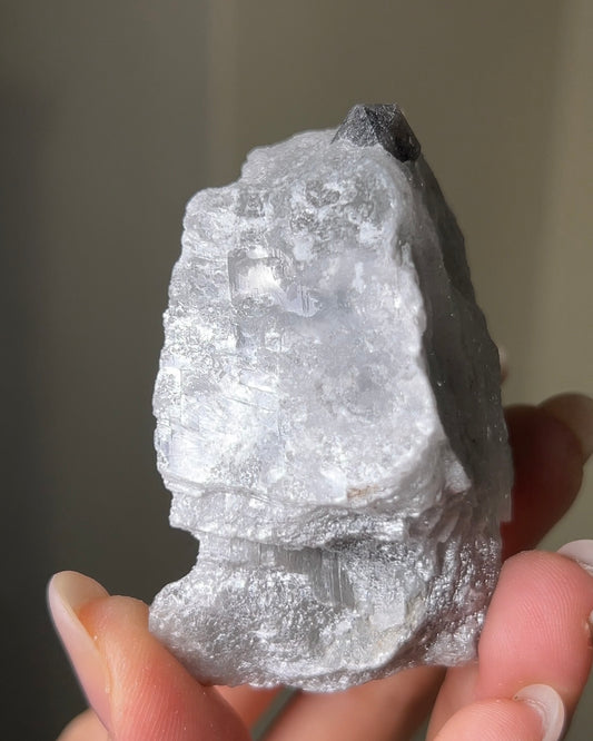 稀有罕見的義大利雙尖黑水晶 Rare black quartz specimen on anhydrite, featuring double-terminated quartz crystals with graphite inclusions from Italy.