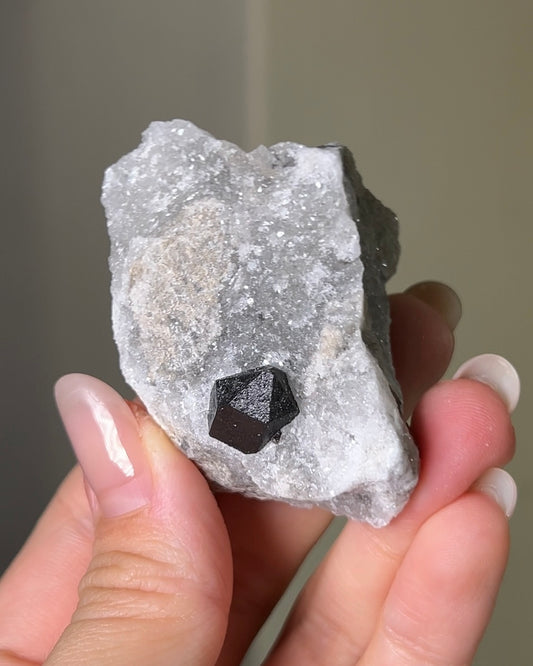 稀有罕見的義大利雙尖黑水晶 Rare black quartz specimen on anhydrite, featuring double-terminated quartz crystals with graphite inclusions from Italy.