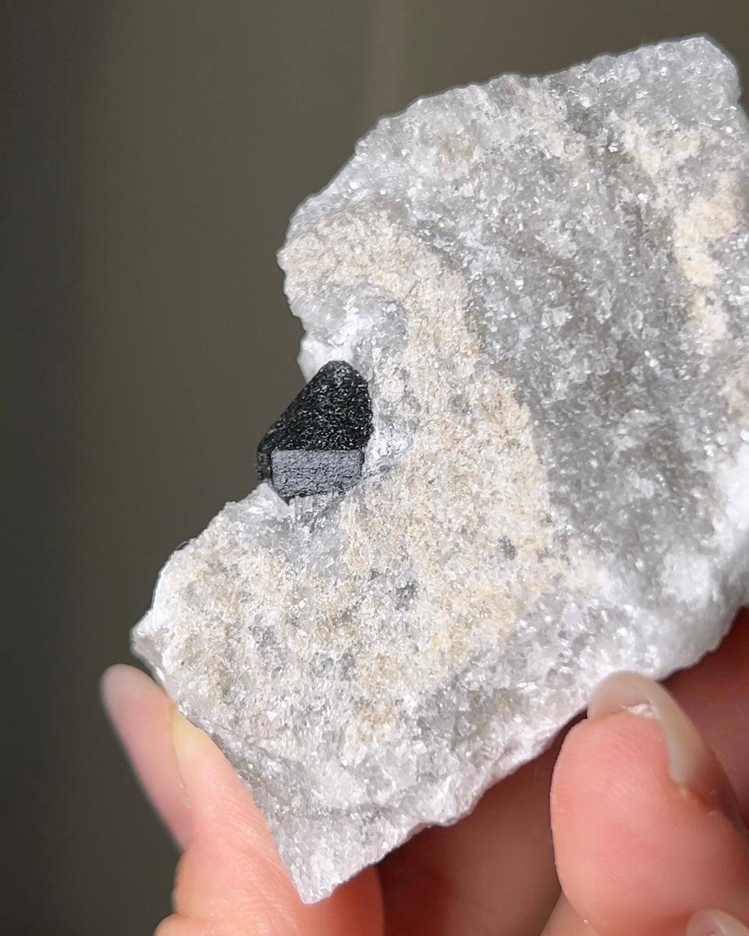 稀有罕見的義大利雙尖黑水晶 Rare black quartz specimen on anhydrite, featuring double-terminated quartz crystals with graphite inclusions from Italy.