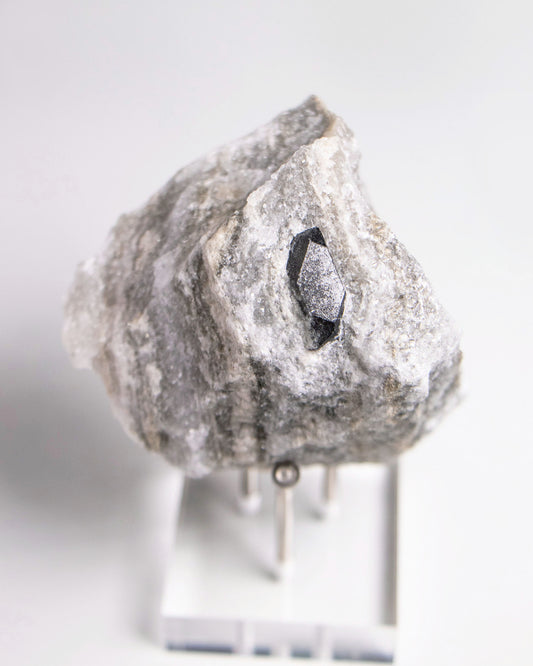 稀有罕見的義大利雙尖黑水晶 Rare black quartz specimen on anhydrite, featuring double-terminated quartz crystals with graphite inclusions from Italy.