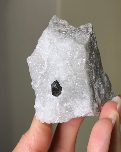 稀有罕見的義大利雙尖黑水晶 Rare black quartz specimen on anhydrite, featuring double-terminated quartz crystals with graphite inclusions from Italy.