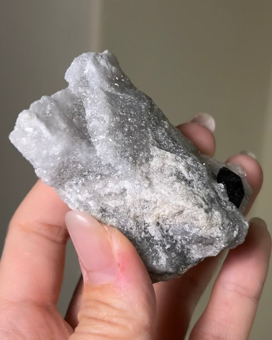 稀有罕見的義大利雙尖黑水晶 Rare black quartz specimen on anhydrite, featuring double-terminated quartz crystals with graphite inclusions from Italy.