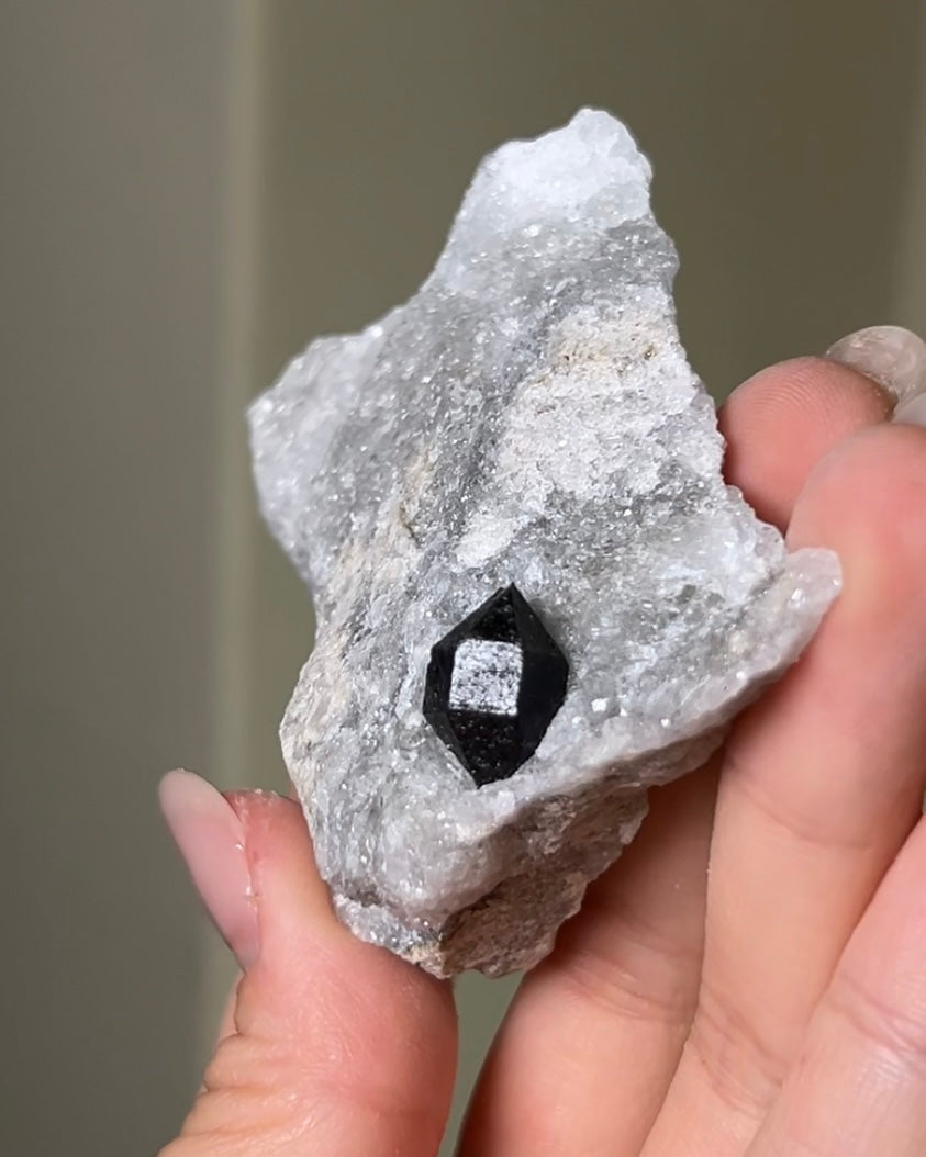 稀有罕見的義大利雙尖黑水晶 Rare black quartz specimen on anhydrite, featuring double-terminated quartz crystals with graphite inclusions from Italy.
