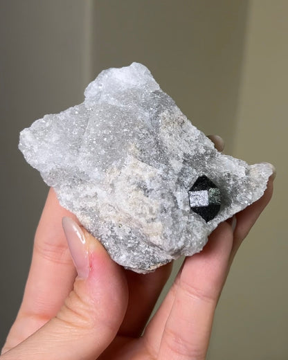 稀有罕見的義大利雙尖黑水晶 Rare black quartz specimen on anhydrite, featuring double-terminated quartz crystals with graphite inclusions from Italy.