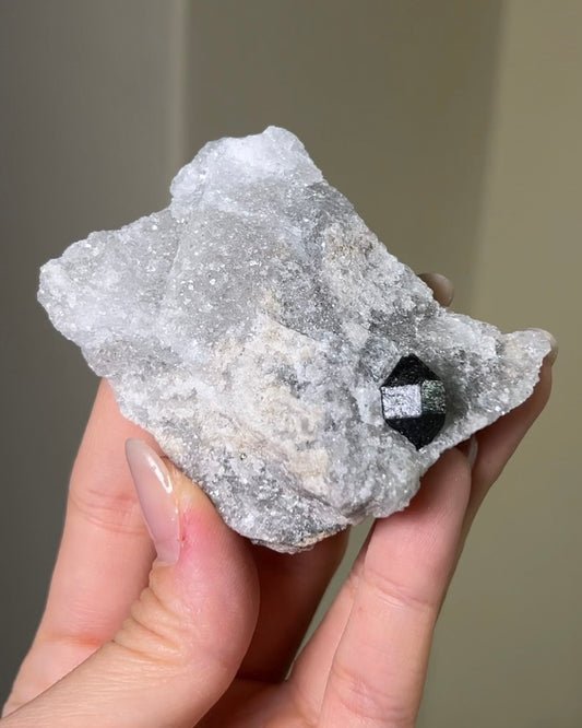 稀有罕見的義大利雙尖黑水晶 Rare black quartz specimen on anhydrite, featuring double-terminated quartz crystals with graphite inclusions from Italy.