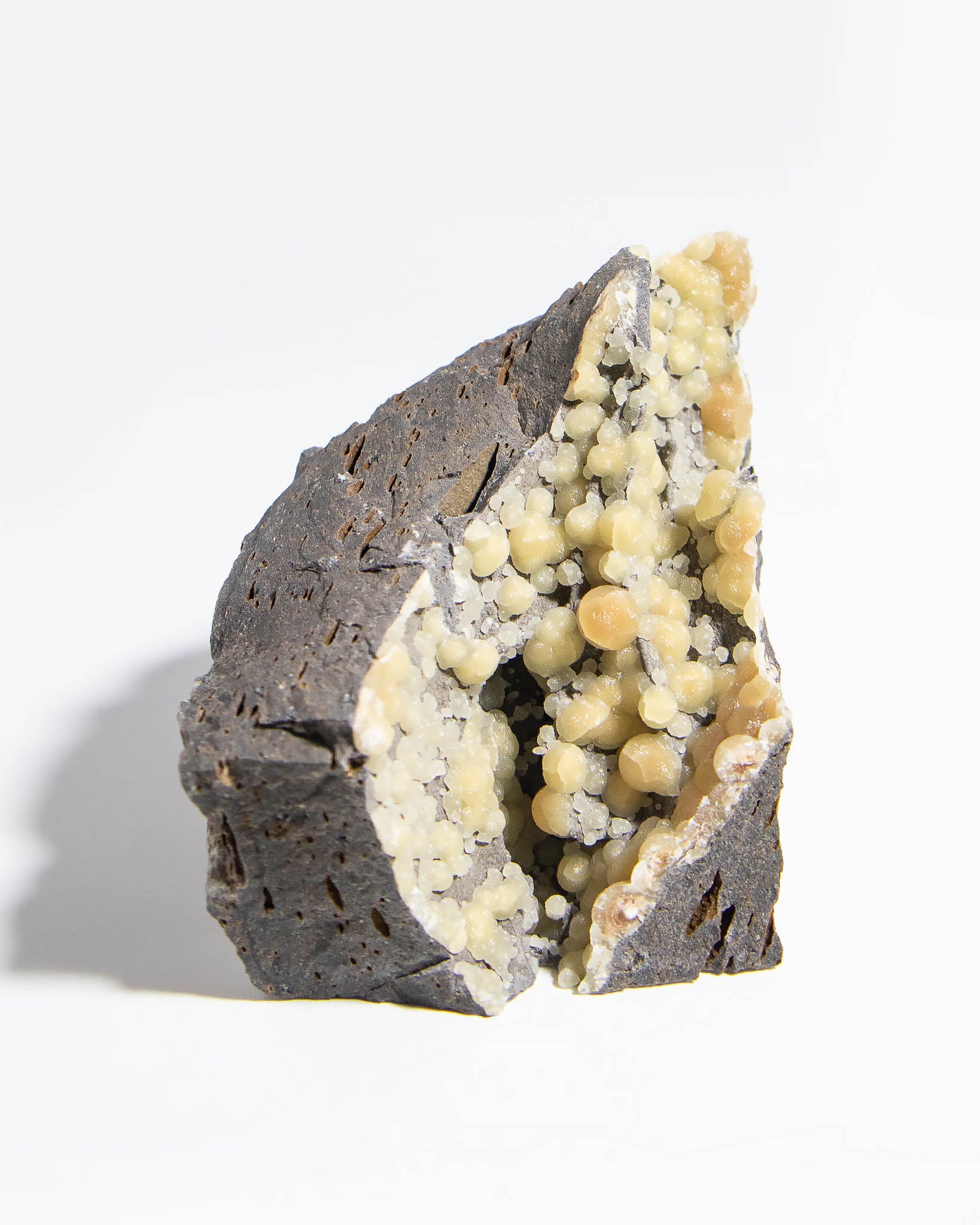 稀有的義大利球狀方解石，常長在玄武岩上 Rare Italian botryoidal calcite typically occurs on basalt.