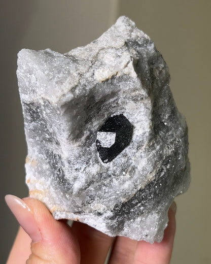 稀有罕見的義大利雙尖黑水晶 Rare black quartz specimen on anhydrite, featuring double-terminated quartz crystals with graphite inclusions from Italy.