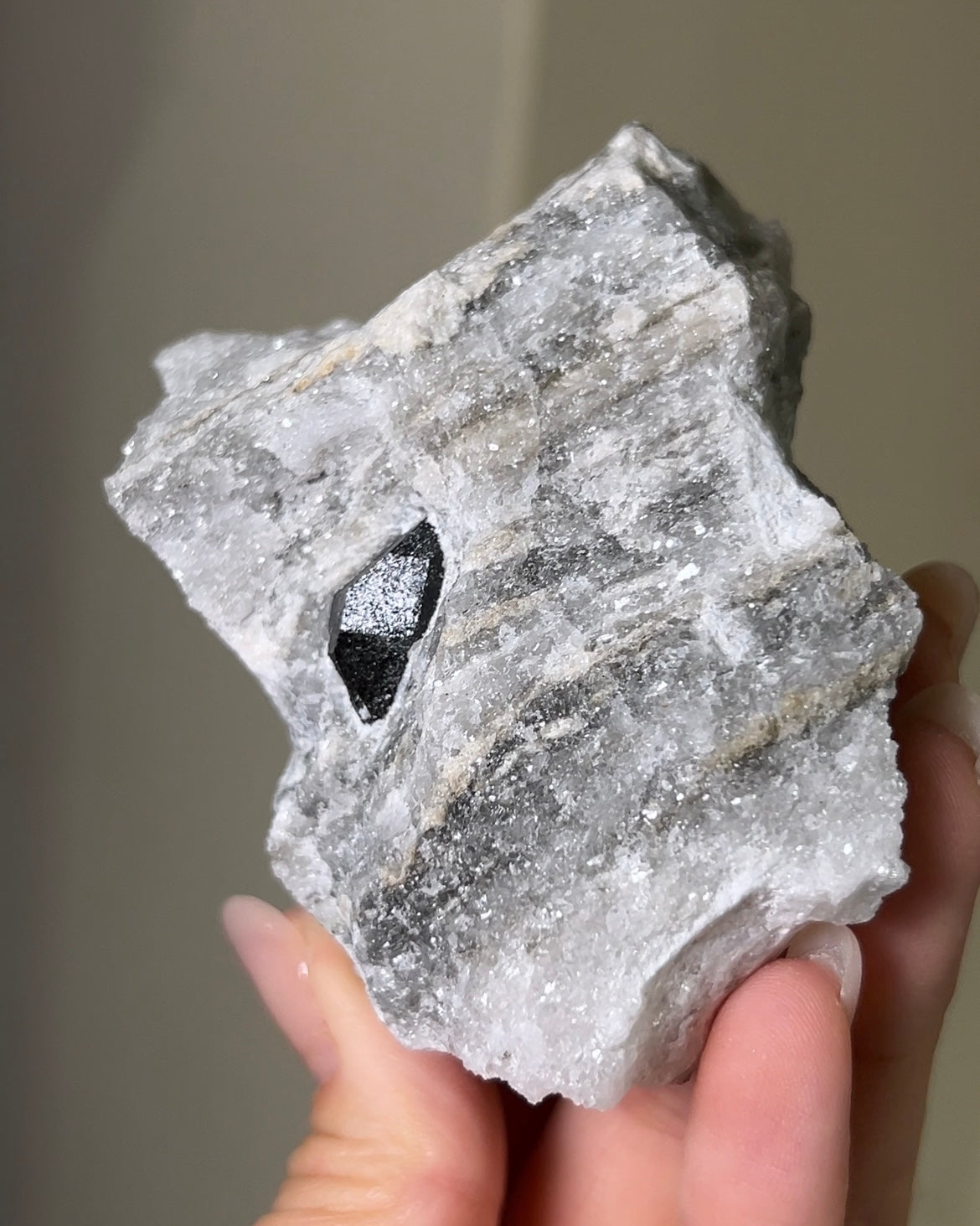 稀有罕見的義大利雙尖黑水晶 Rare black quartz specimen on anhydrite, featuring double-terminated quartz crystals with graphite inclusions from Italy.