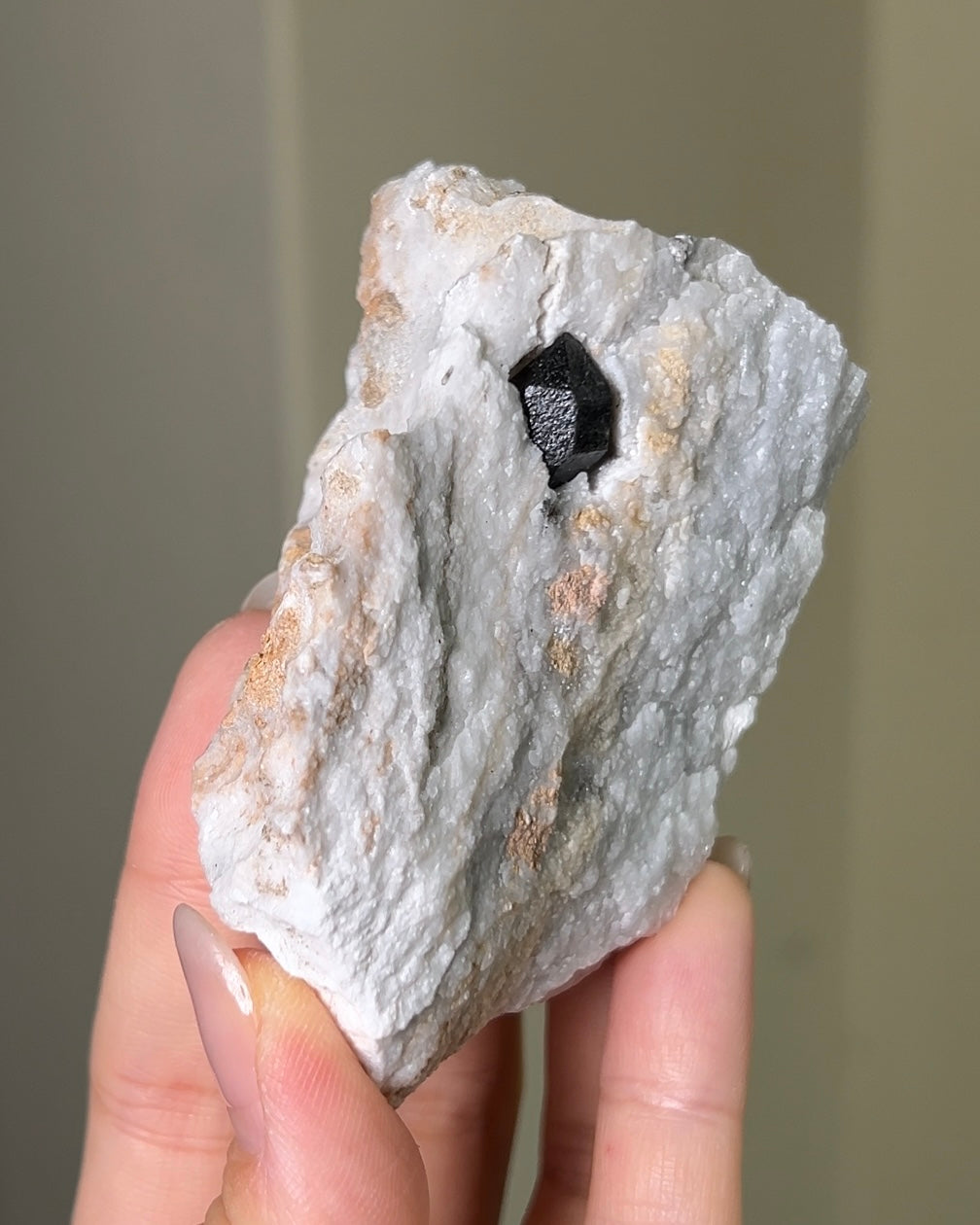 稀有罕見的義大利雙尖黑水晶 Rare black quartz specimen on anhydrite, featuring double-terminated quartz crystals with graphite inclusions from Italy.