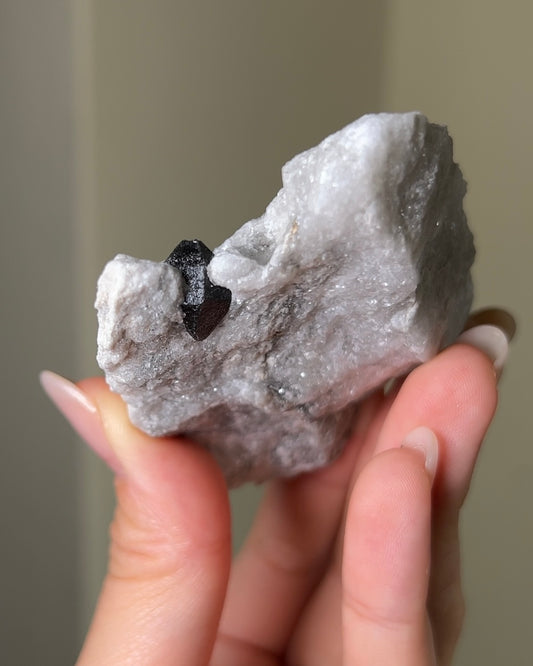稀有罕見的義大利雙尖黑水晶 Rare black quartz specimen on anhydrite, featuring double-terminated quartz crystals with graphite inclusions from Italy.