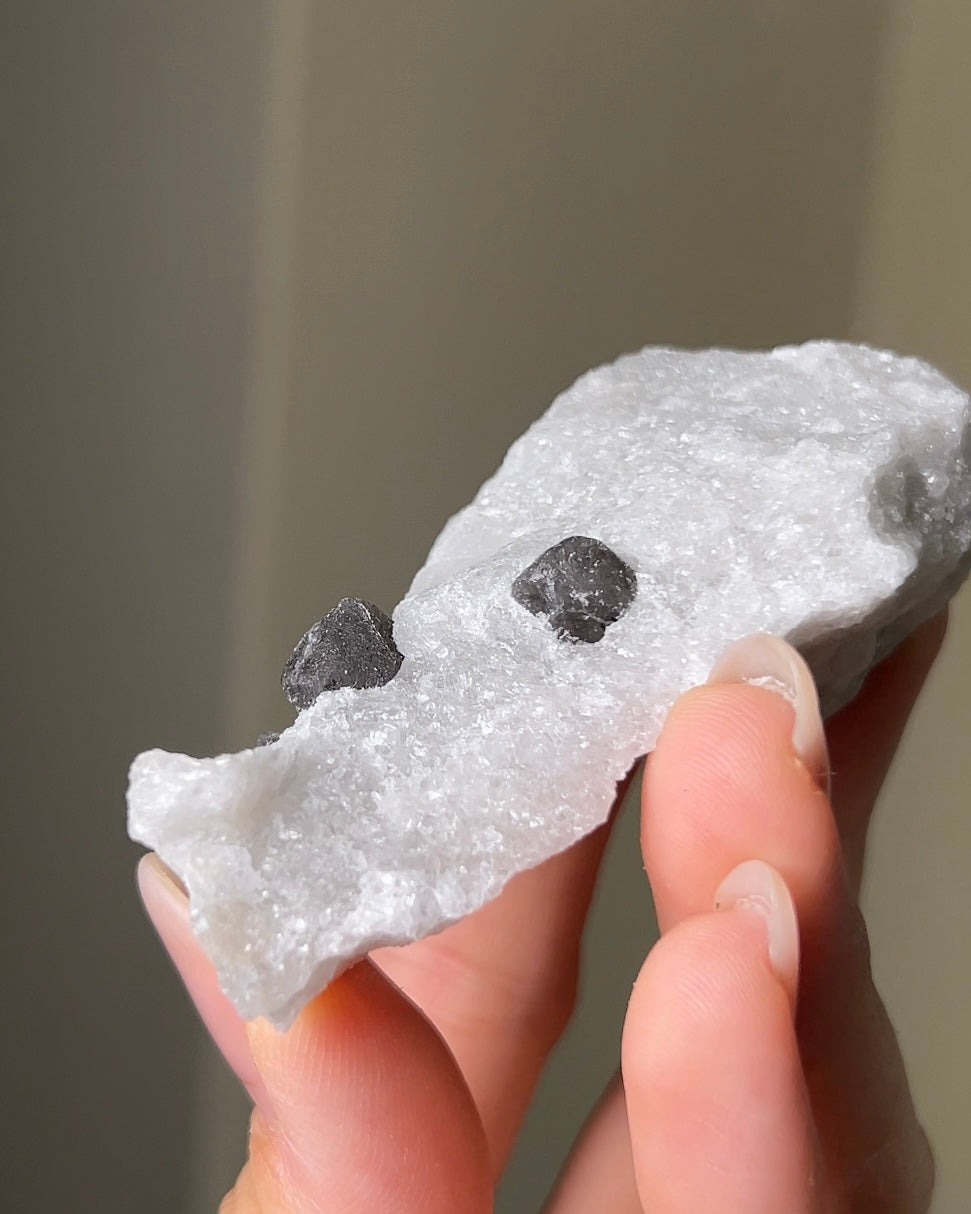 稀有罕見的義大利雙尖黑水晶 Rare black quartz specimen on anhydrite, featuring double-terminated quartz crystals with graphite inclusions from Italy.