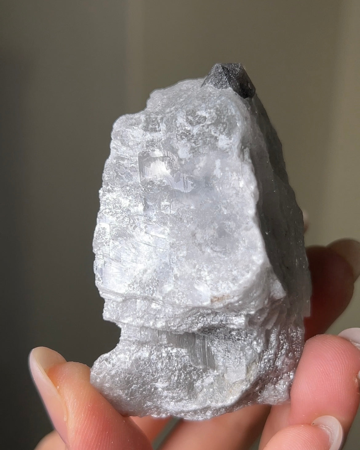 稀有罕見的義大利雙尖黑水晶 Rare black quartz specimen on anhydrite, featuring double-terminated quartz crystals with graphite inclusions from Italy.