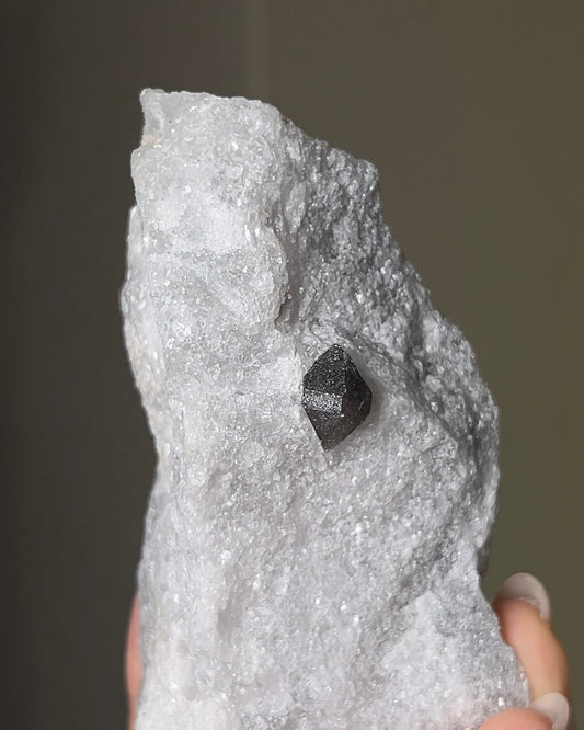 稀有罕見的義大利雙尖黑水晶 Rare black quartz specimen on anhydrite, featuring double-terminated quartz crystals with graphite inclusions from Italy.