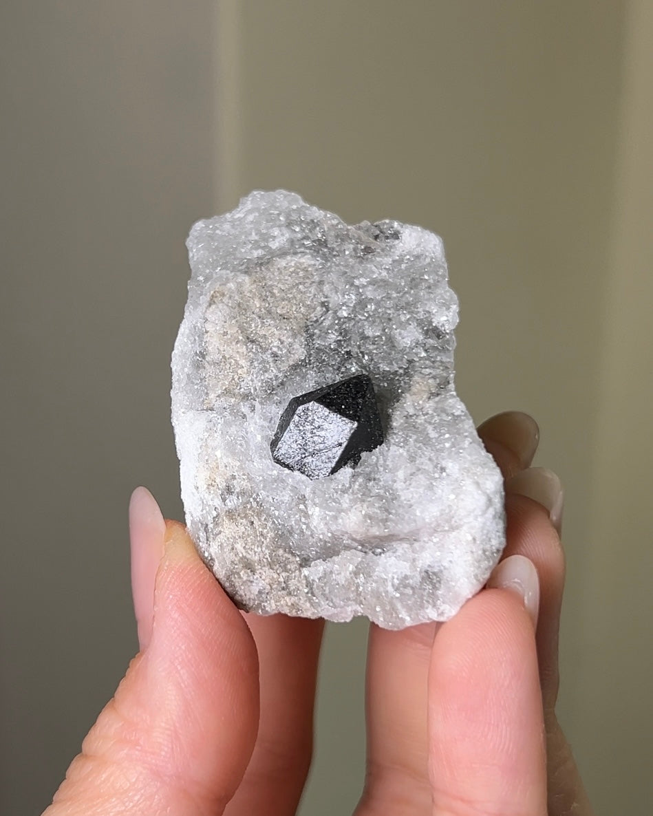 稀有罕見的義大利雙尖黑水晶 Rare black quartz specimen on anhydrite, featuring double-terminated quartz crystals with graphite inclusions from Italy.