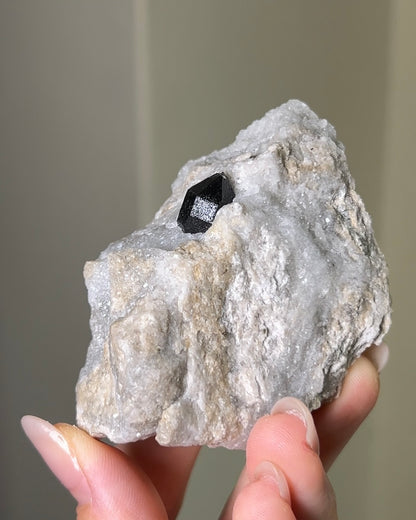 稀有罕見的義大利雙尖黑水晶 Rare black quartz specimen on anhydrite, featuring double-terminated quartz crystals with graphite inclusions from Italy.