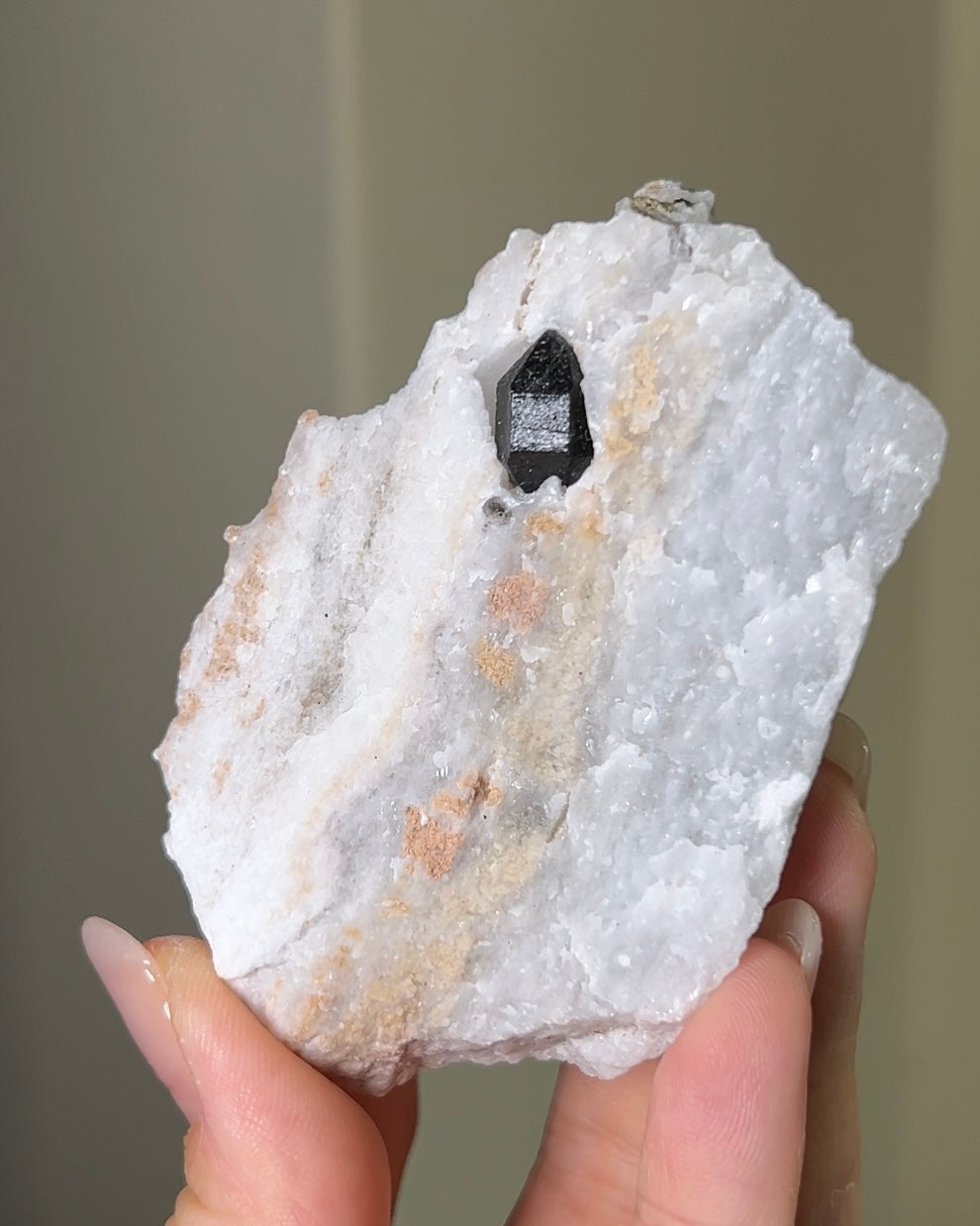 稀有罕見的義大利雙尖黑水晶 Rare black quartz specimen on anhydrite, featuring double-terminated quartz crystals with graphite inclusions from Italy.