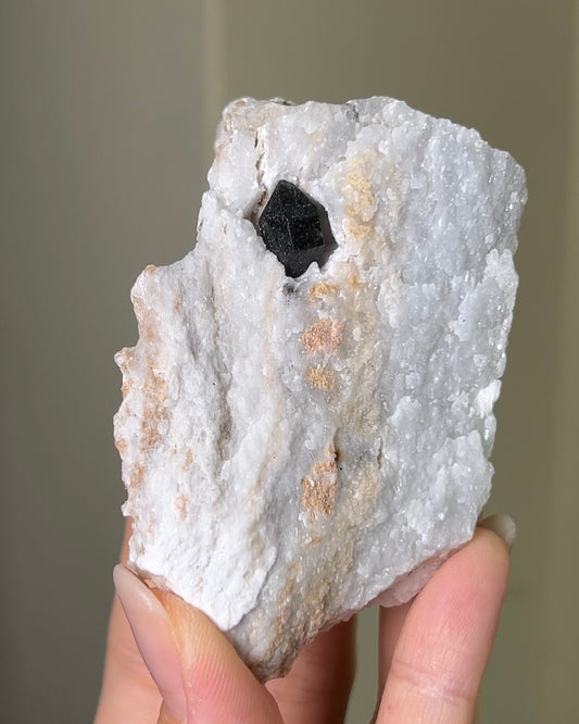 稀有罕見的義大利雙尖黑水晶 Rare black quartz specimen on anhydrite, featuring double-terminated quartz crystals with graphite inclusions from Italy.