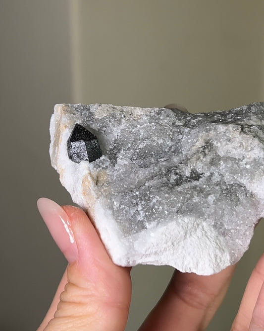 稀有罕見的義大利雙尖黑水晶 Rare black quartz specimen on anhydrite, featuring double-terminated quartz crystals with graphite inclusions from Italy.