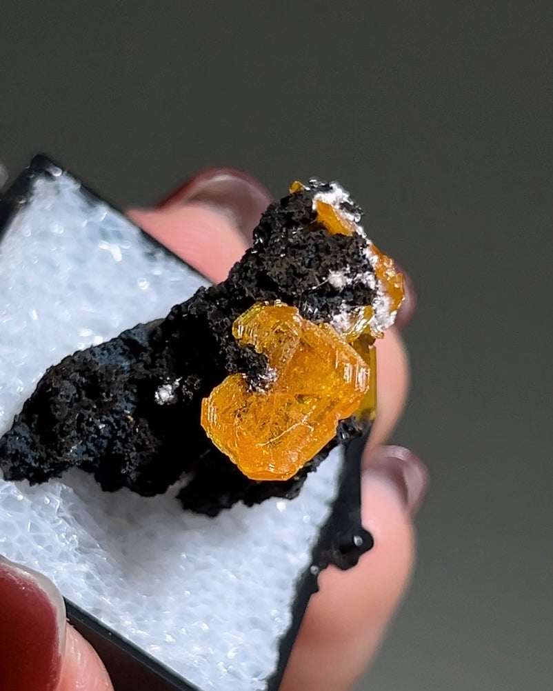 墨西哥鉬鉛礦標本（Mexican wulfenite specimen）呈高度透明的薄板狀晶體（with highly transparent thin tabular crystals）