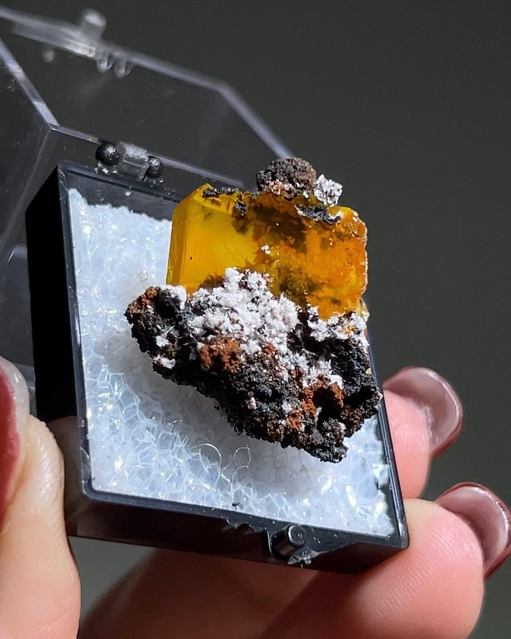墨西哥鉬鉛礦標本（Mexican wulfenite specimen）呈高度透明的薄板狀晶體（with highly transparent thin tabular crystals）