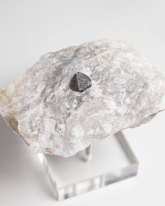 稀有罕見的義大利雙尖黑水晶 Rare black quartz specimen on anhydrite, featuring double-terminated quartz crystals with graphite inclusions from Italy.