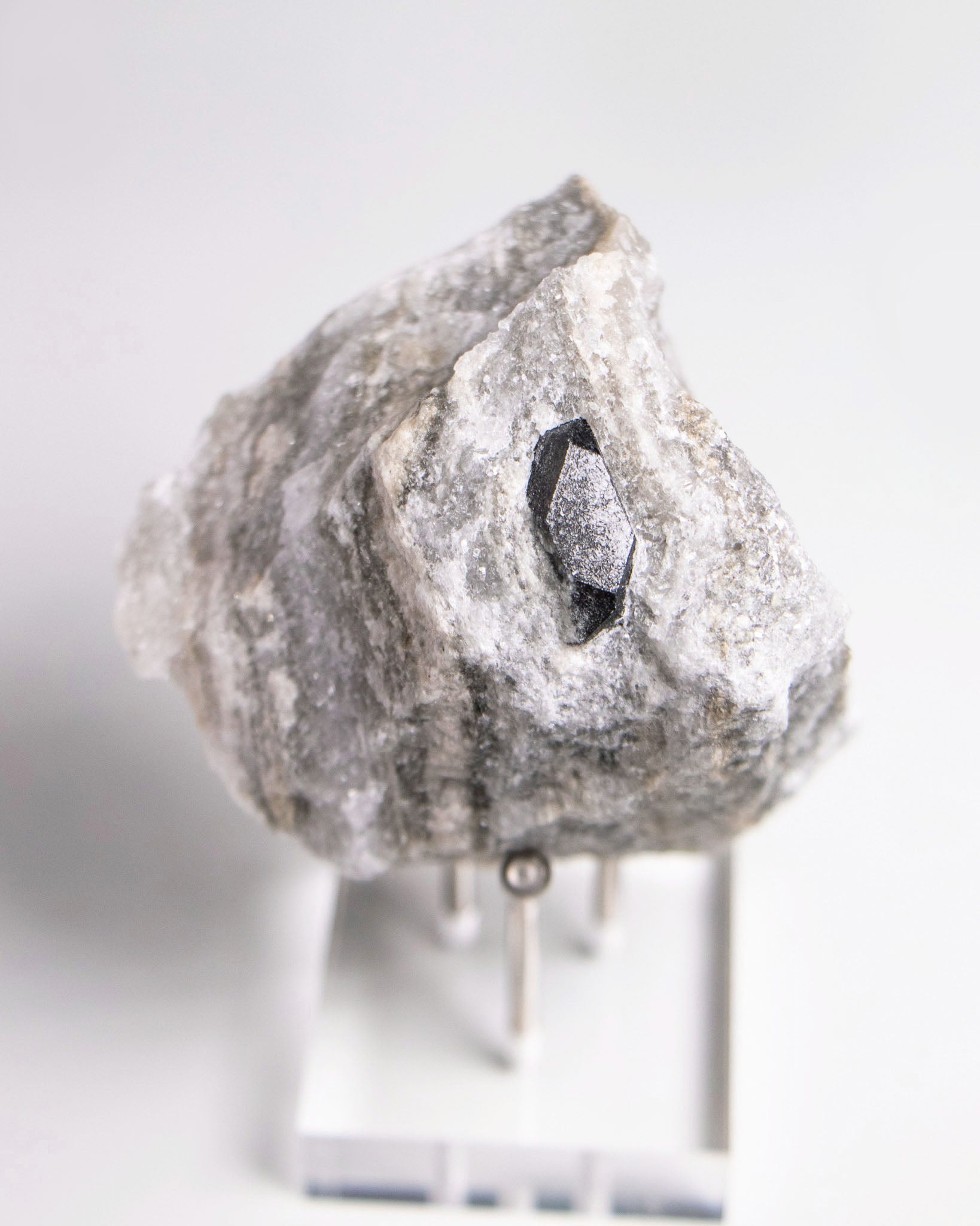 稀有罕見的義大利雙尖黑水晶 Rare black quartz specimen on anhydrite, featuring double-terminated quartz crystals with graphite inclusions from Italy.