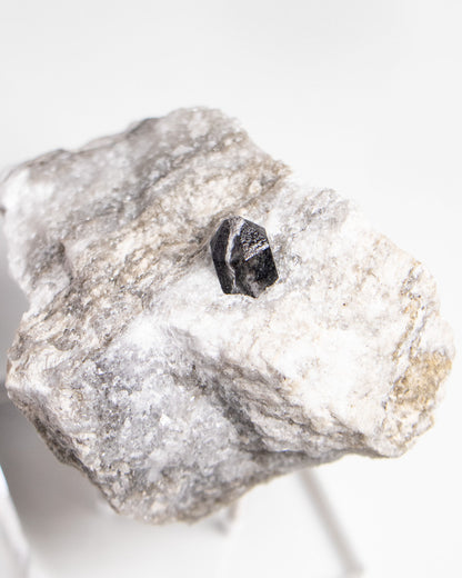 稀有罕見的義大利雙尖黑水晶 Rare black quartz specimen on anhydrite, featuring double-terminated quartz crystals with graphite inclusions from Italy.