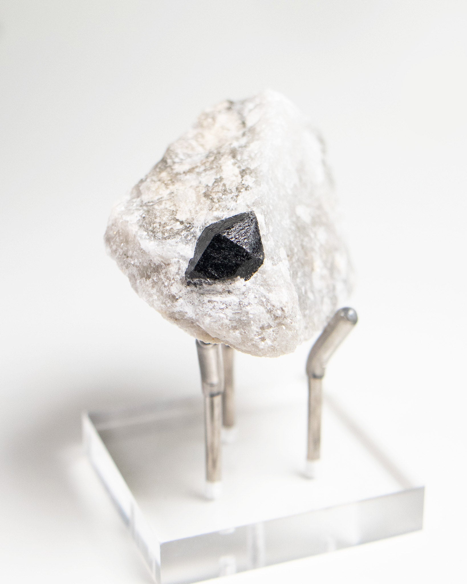 稀有罕見的義大利雙尖黑水晶 Rare black quartz specimen on anhydrite, featuring double-terminated quartz crystals with graphite inclusions from Italy.