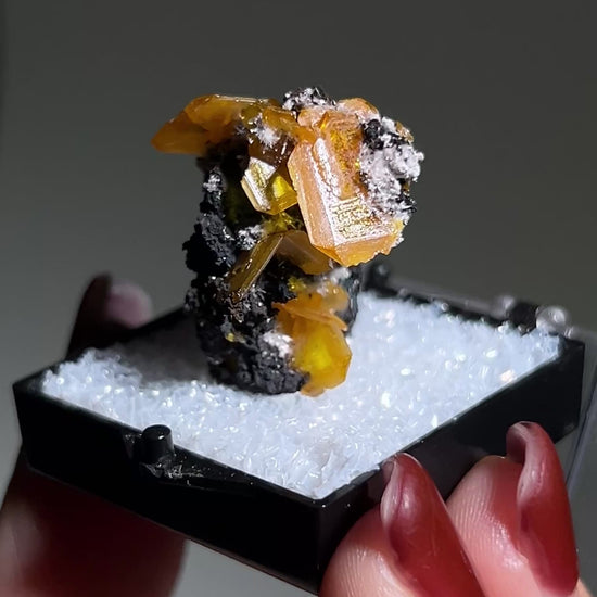 墨西哥鉬鉛礦標本（Mexican wulfenite specimen）呈高度透明的薄板狀晶體（with highly transparent thin tabular crystals）