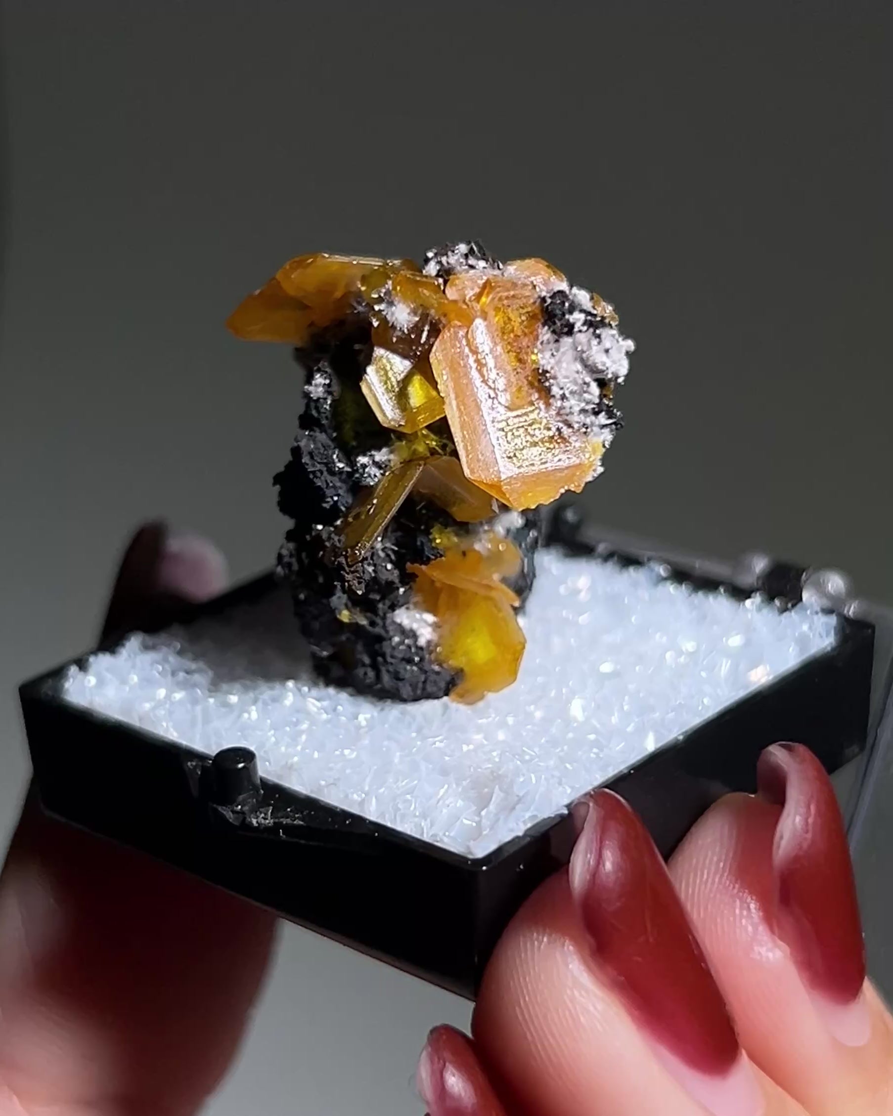 墨西哥鉬鉛礦標本（Mexican wulfenite specimen）呈高度透明的薄板狀晶體（with highly transparent thin tabular crystals）