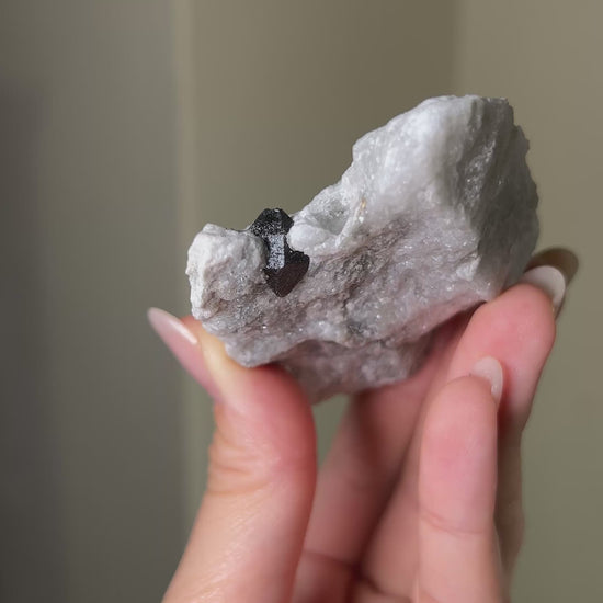 稀有罕見的義大利雙尖黑水晶 Rare black quartz specimen on anhydrite, featuring double-terminated quartz crystals with graphite inclusions from Italy.