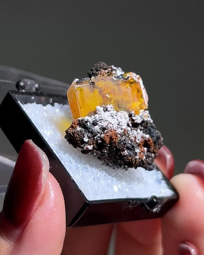 墨西哥鉬鉛礦標本（Mexican wulfenite specimen）呈高度透明的薄板狀晶體（with highly transparent thin tabular crystals）